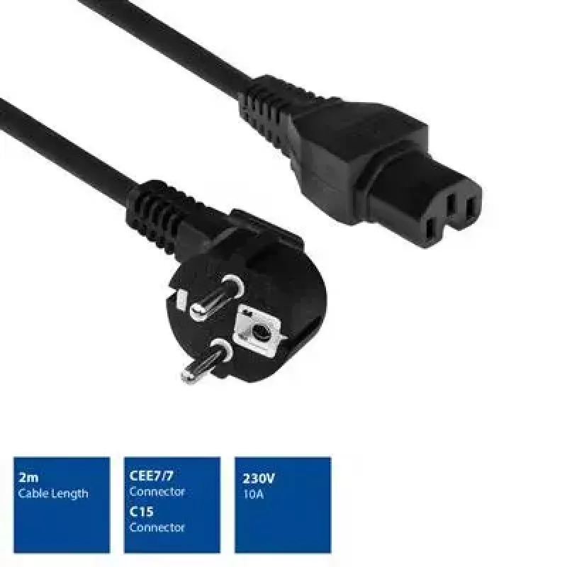 ACT strāvas vads tīkla savienotājs CEE 7/7 vīrišķais (leņķveida) - C15 melns 2 m