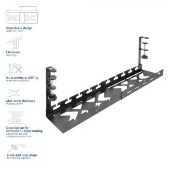 Zem galda novietojams izvelkams kabeļu pārvaldības paliktnis ACT 43–72 cm, stiprinājums ar skavām, tērauds, 728×130×190 mm, 5 kg