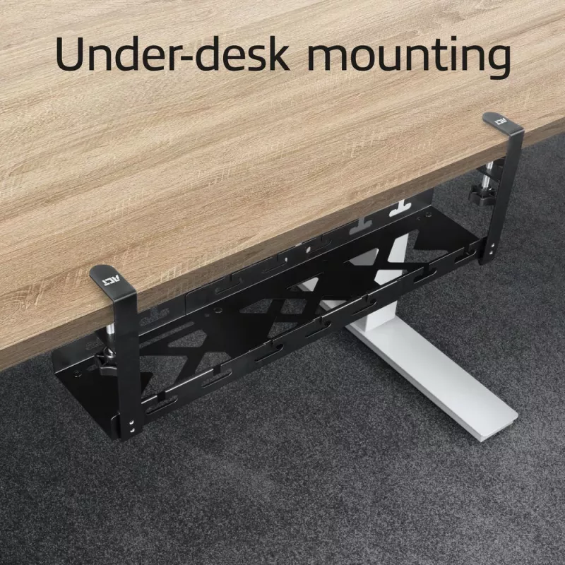 Zem galda novietojams izvelkams kabeļu pārvaldības paliktnis ACT 43–72 cm, stiprinājums ar skavām, tērauds, 728×130×190 mm, 5 kg