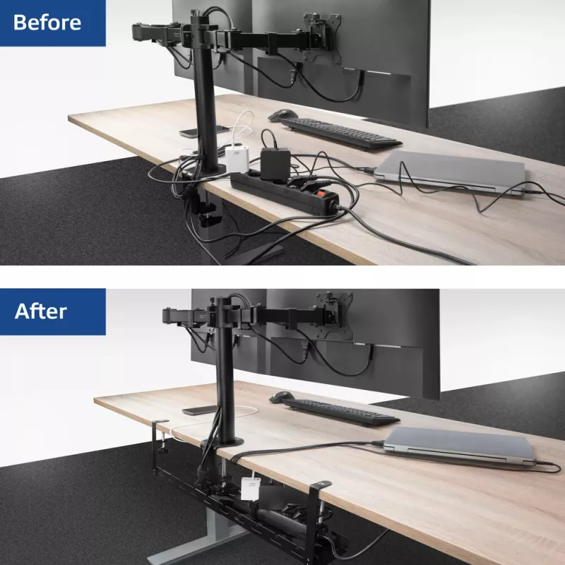 Zem galda novietojams izvelkams kabeļu pārvaldības paliktnis ACT 43–72 cm, stiprinājums ar skavām, tērauds, 728×130×190 mm, 5 kg