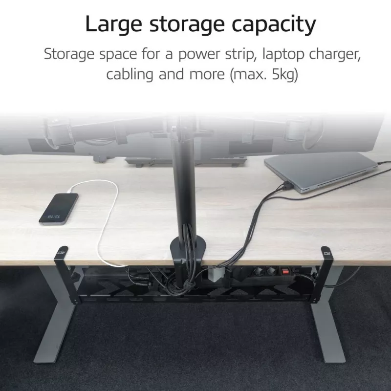 Zem galda novietojams izvelkams kabeļu pārvaldības paliktnis ACT 43–72 cm, stiprinājums ar skavām, tērauds, 728×130×190 mm, 5 kg