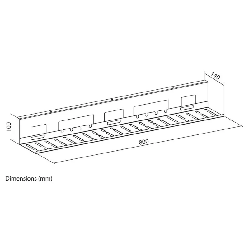 Kabeļu pārvaldības paliktnis zem galda ACT 80 cm — tērauda taisns horizontāls paliktnis 800×140×100 mm