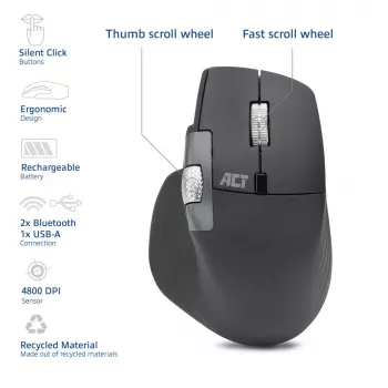 ACT AC5147 bezvadu lāzera pele — labās rokas, RF + Bluetooth, 4800 DPI, 6 pogas, pelēka