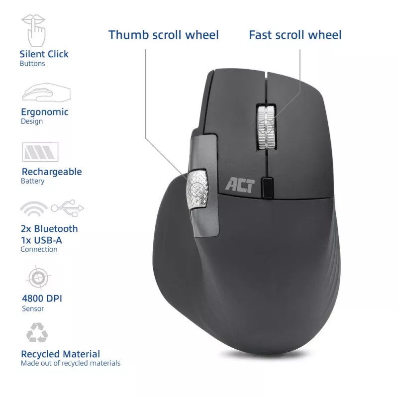 ACT AC5147 bezvadu lāzera pele — labās rokas, RF + Bluetooth, 4800 DPI, 6 pogas, pelēka
