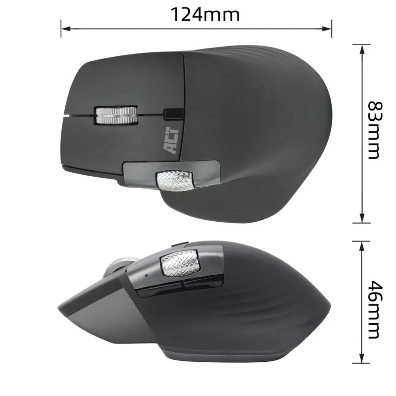 ACT AC5147 bezvadu lāzera pele — labās rokas, RF + Bluetooth, 4800 DPI, 6 pogas, pelēka