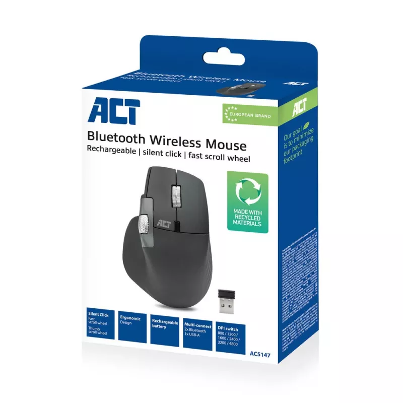ACT AC5147 bezvadu lāzera pele — labās rokas, RF + Bluetooth, 4800 DPI, 6 pogas, pelēka