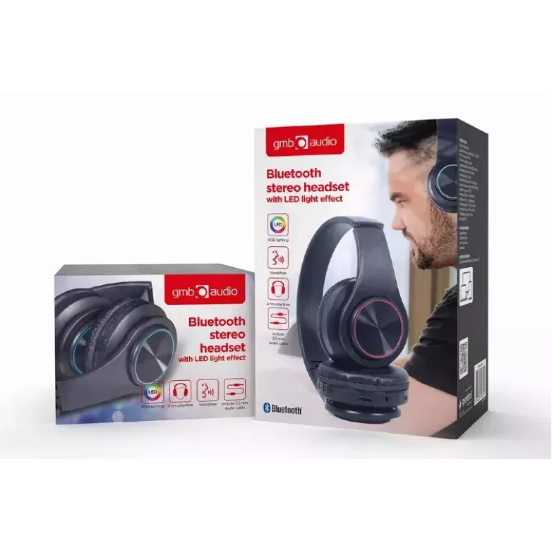 Vadu un bezvadu austiņas GEMBIRD BHP-LED-01, supra-aural, galvas lente, melnas, 0,3 m kabelis, 150 g