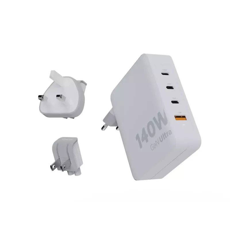 Pārnēsājams 140 W GaN ceļojumu lādētājs Xtorm XVC2140 ar 3 × USB-C PD pieslēgvietām un 2 m USB‑C kabeli, balts