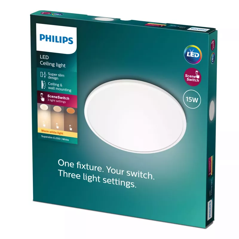 Philips Functional Super plāns griestu gaismeklis 15 W, LED, Nenomaināmas spuldzes, 2700 K, 1300 lm, IP20, Balts