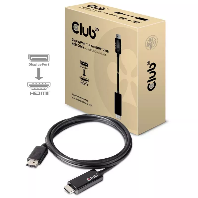 CLUB3D DisplayPort 1.4 uz HDMI 2.0b HDR kabelis, vīrišķais/vīrišķais, 2 m / 6,56 pēdas