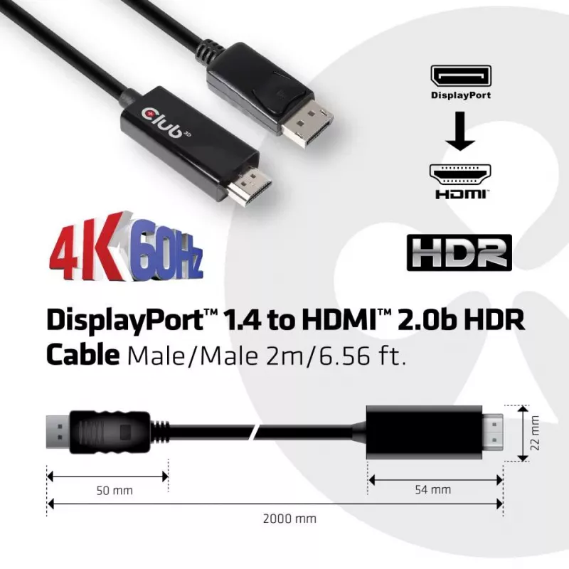 CLUB3D DisplayPort 1.4 uz HDMI 2.0b HDR kabelis, vīrišķais/vīrišķais, 2 m / 6,56 pēdas
