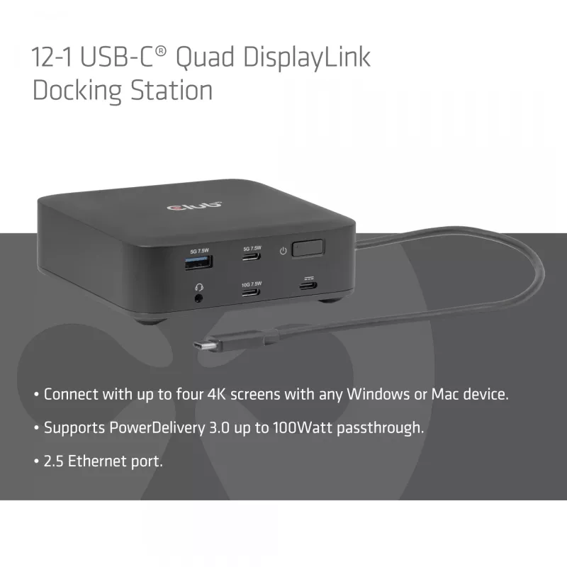 USB-C Quad DisplayLink dokstacija CLUB 3D CSV-2542 — 2× DisplayPort 8K60Hz, 2× HDMI 4K60Hz, PD 100W, 2.5G Ethernet