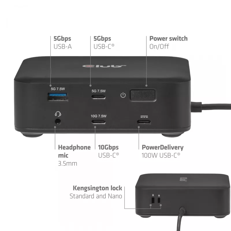 USB-C Quad DisplayLink dokstacija CLUB 3D CSV-2542 — 2× DisplayPort 8K60Hz, 2× HDMI 4K60Hz, PD 100W, 2.5G Ethernet