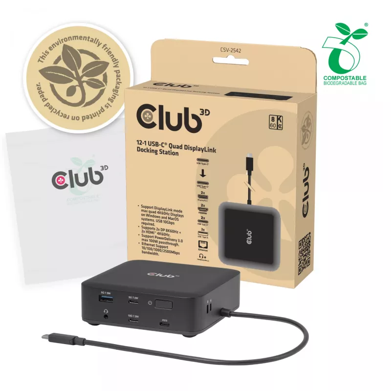 USB-C Quad DisplayLink dokstacija CLUB 3D CSV-2542 — 2× DisplayPort 8K60Hz, 2× HDMI 4K60Hz, PD 100W, 2.5G Ethernet