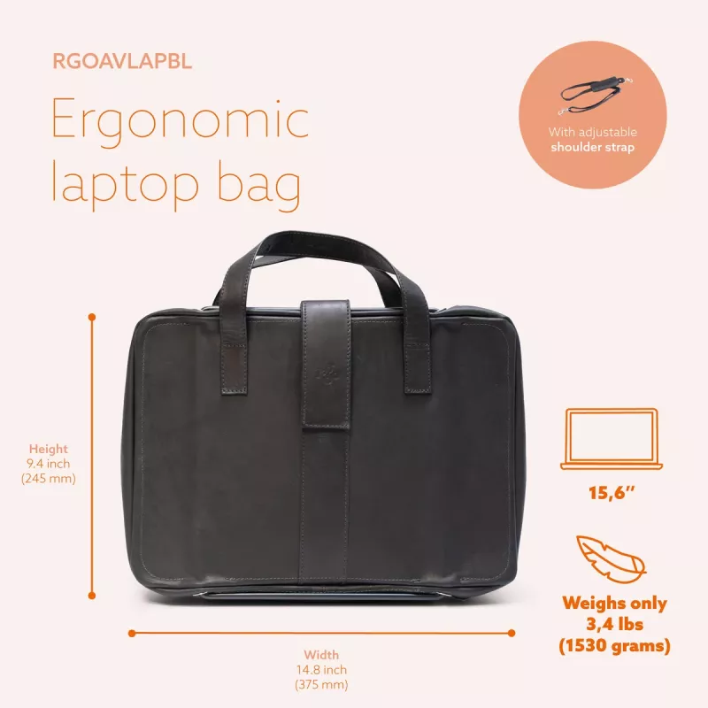 R-Go Tools klēpjdatora soma R-Go Viva, pilngraudu āda, ar integrētu klēpjdatora statīvu, plecu siksna, 15,6 collas, melna