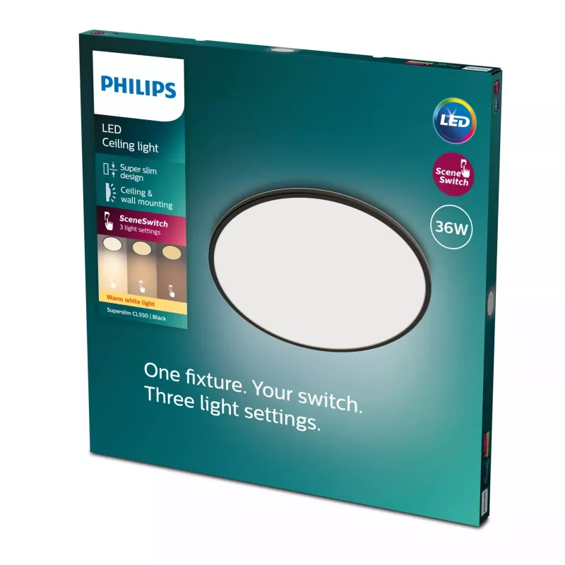 Griestu gaismeklis Philips Functional Super plāns 36 W LED melns apaļš