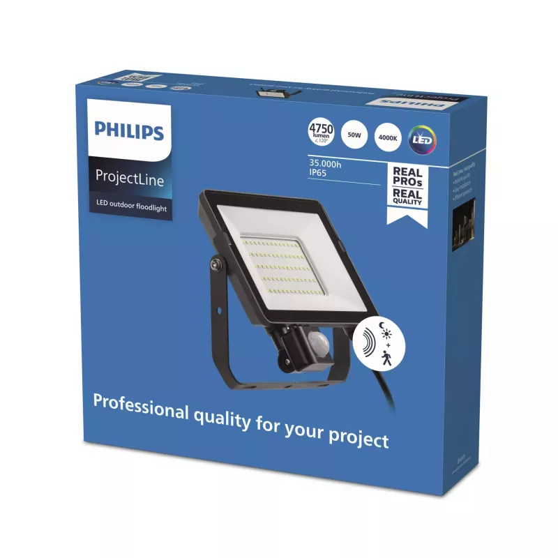 Prožektors Philips LED 50 W 4000 K IP65 melns — āra LED prožektors, 50 W, neitrāli balts
