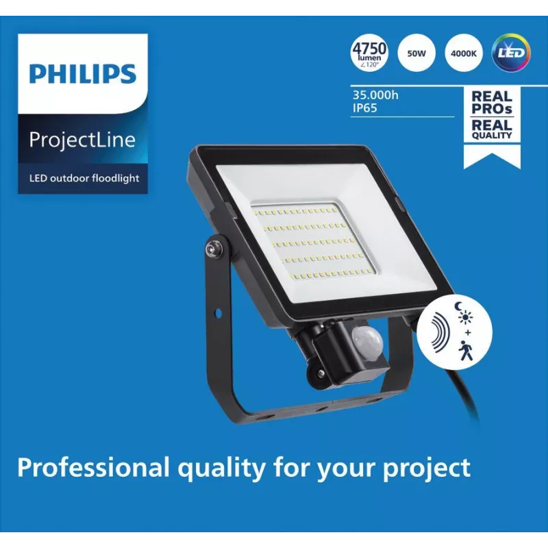 Prožektors Philips LED 50 W 4000 K IP65 melns — āra LED prožektors, 50 W, neitrāli balts