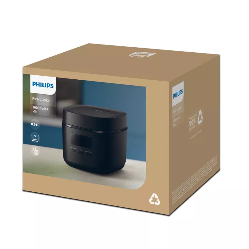 Rīsu vārītājs Philips 3000 sērija HD3080/80, 0,54 L, 400 W, melns, pogu vadība