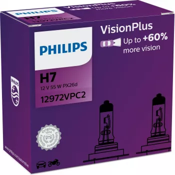 Philips VisionPlus 12972VPC2 Lielāka drošība un komforts, 55 W, 12 V, H7, Halogēns, 2 gab.