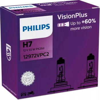 Philips VisionPlus 12972VPC2 Lielāka drošība un komforts, 55 W, 12 V, H7, Halogēns, 2 gab.