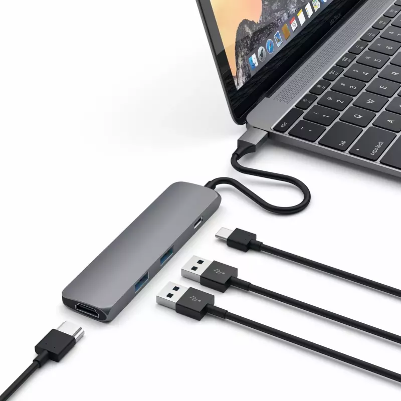 Satechi ST-CMAM portatīvā doka/portu replikators USB 3.2 Gen 1 Type-C, HDMI, USB-A, USB-C, pelēks, alumīnijs
