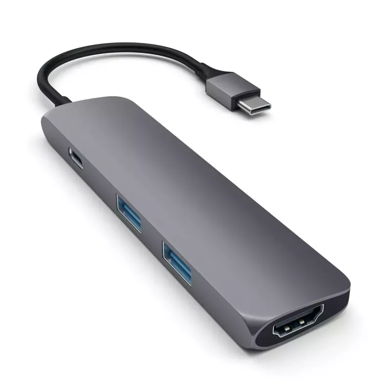 Satechi ST-CMAM portatīvā doka/portu replikators USB 3.2 Gen 1 Type-C, HDMI, USB-A, USB-C, pelēks, alumīnijs