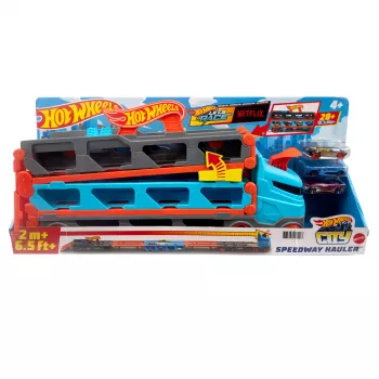 Hot Wheels City Speedway Hauler pārvadātājs ar 3 rotaļu automašīnām, transportlīdzekļu komplekts, 4 gadi, Plastmasa, Pelēks, Daudzkrāsu