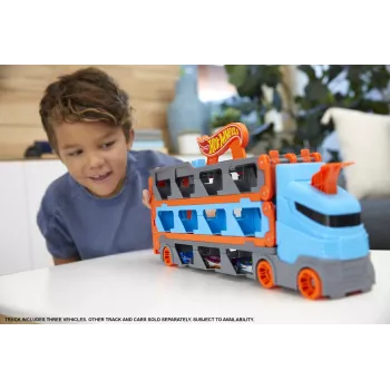 Hot Wheels City Speedway Hauler pārvadātājs ar 3 rotaļu automašīnām, transportlīdzekļu komplekts, 4 gadi, Plastmasa, Pelēks, Daudzkrāsu