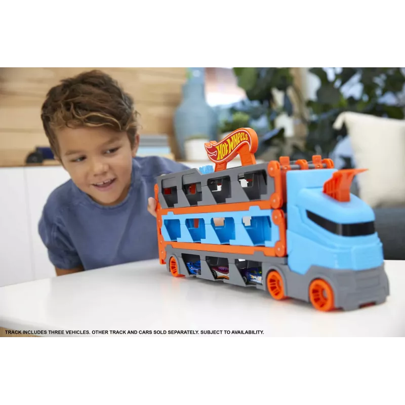 Hot Wheels City Speedway Hauler pārvadātājs ar 3 rotaļu automašīnām, transportlīdzekļu komplekts, 4 gadi, Plastmasa, Pelēks, Daudzkrāsu