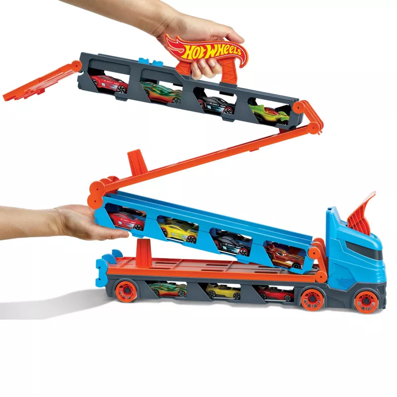 Hot Wheels City Speedway Hauler pārvadātājs ar 3 rotaļu automašīnām, transportlīdzekļu komplekts, 4 gadi, Plastmasa, Pelēks, Daudzkrāsu
