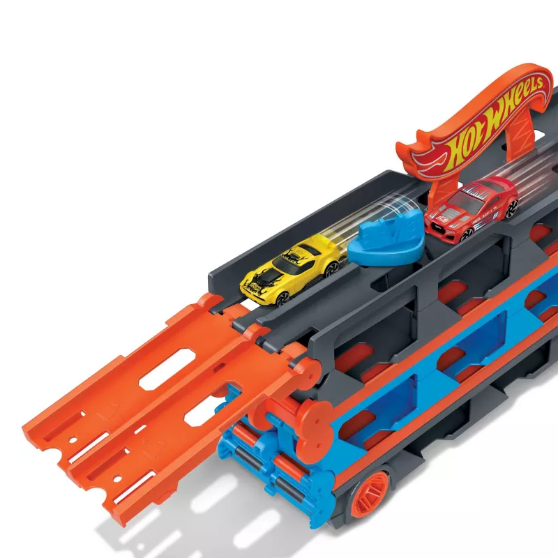 Hot Wheels City Speedway Hauler pārvadātājs ar 3 rotaļu automašīnām, transportlīdzekļu komplekts, 4 gadi, Plastmasa, Pelēks, Daudzkrāsu