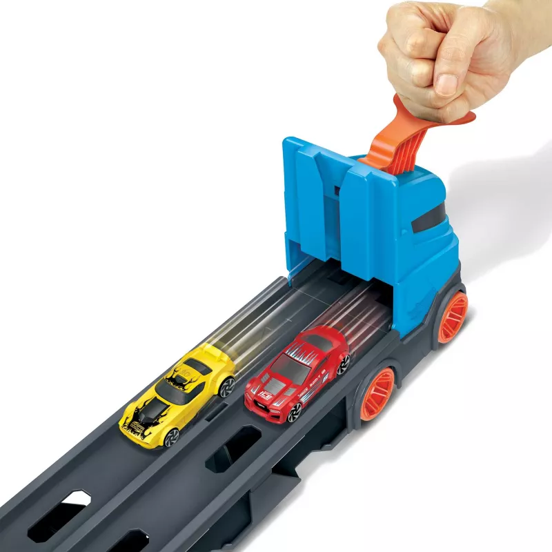 Hot Wheels City Speedway Hauler pārvadātājs ar 3 rotaļu automašīnām, transportlīdzekļu komplekts, 4 gadi, Plastmasa, Pelēks, Daudzkrāsu