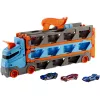 Hot Wheels City Speedway Hauler pārvadātājs ar 3 rotaļu automašīnām, transportlīdzekļu komplekts, 4 gadi, Plastmasa, Pelēks, Daudzkrāsu