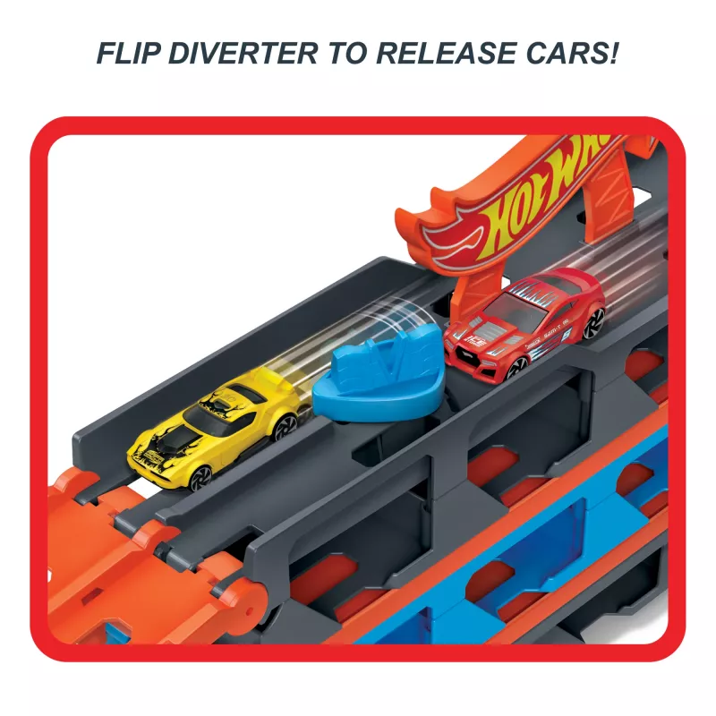 Hot Wheels City Speedway Hauler pārvadātājs ar 3 rotaļu automašīnām, transportlīdzekļu komplekts, 4 gadi, Plastmasa, Pelēks, Daudzkrāsu