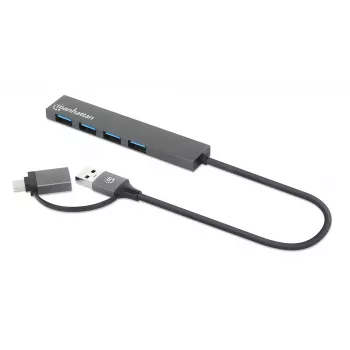 Manhattan USB-C un USB-A kombinētais doks/rumbulis, porti (4): USB-A (x4), 5 Gbps (USB 3.2 Gen1, agrāk USB 3.0), USB barots (nav nepieciešams ārējs barošanas avots), kabelis 25 cm