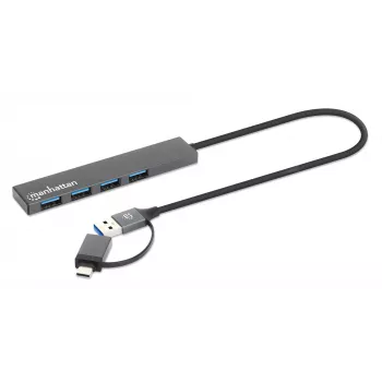Manhattan USB-C un USB-A kombinētais doks/rumbulis, porti (4): USB-A (x4), 5 Gbps (USB 3.2 Gen1, agrāk USB 3.0), USB barots (nav nepieciešams ārējs barošanas avots), kabelis 25 cm