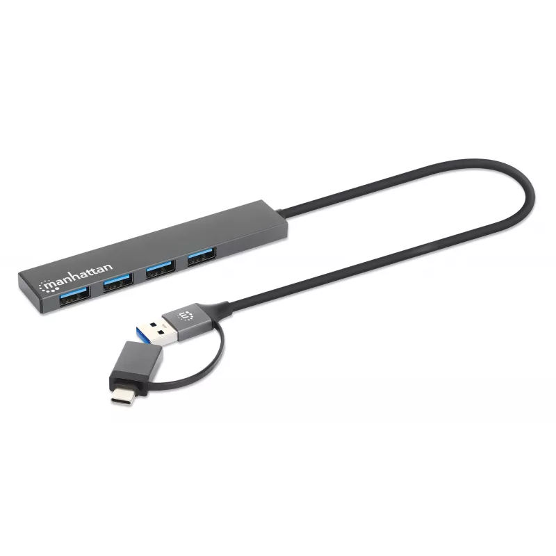 Manhattan USB-C un USB-A kombinētais doks/rumbulis, porti (4): USB-A (x4), 5 Gbps (USB 3.2 Gen1, agrāk USB 3.0), USB barots (nav nepieciešams ārējs barošanas avots), kabelis 25 cm