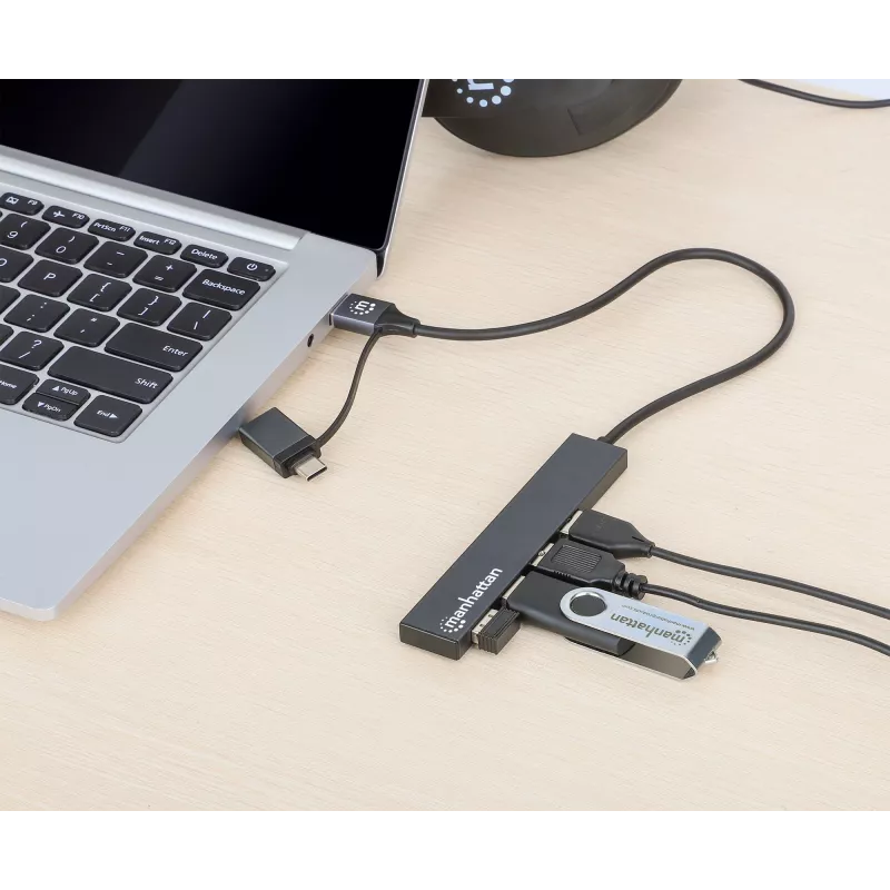 Manhattan USB-C un USB-A kombinētais doks/rumbulis, porti (4): USB-A (x4), 5 Gbps (USB 3.2 Gen1, agrāk USB 3.0), USB barots (nav nepieciešams ārējs barošanas avots), kabelis 25 cm