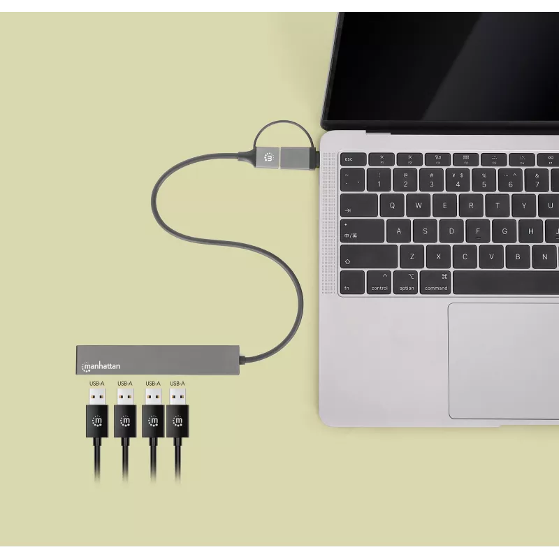 Manhattan USB-C un USB-A kombinētais doks/rumbulis, porti (4): USB-A (x4), 5 Gbps (USB 3.2 Gen1, agrāk USB 3.0), USB barots (nav nepieciešams ārējs barošanas avots), kabelis 25 cm