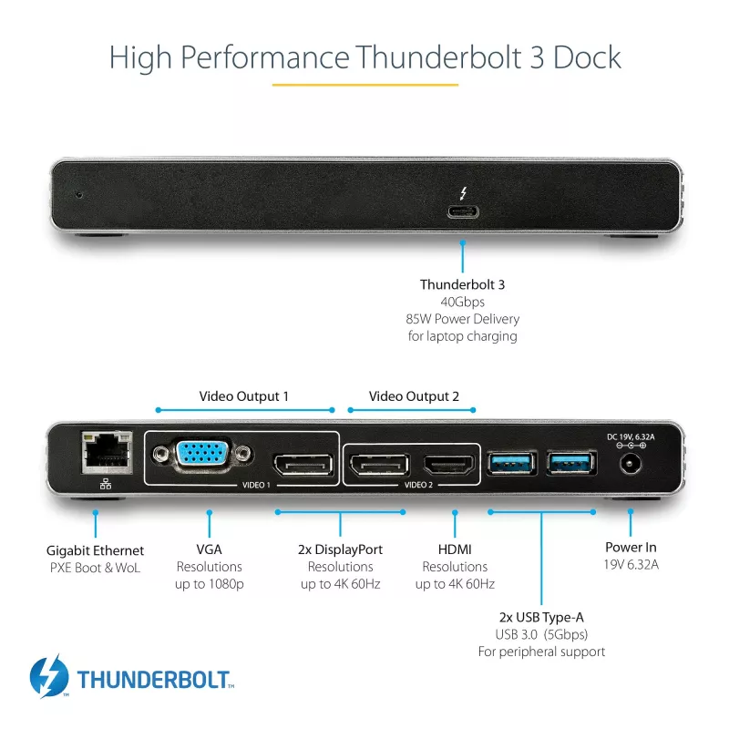 StarTech.com Thunderbolt 3 dokstacija - dubultā 4K 60 Hz monitoru TB3 klēpjdatoru dokstacija ar DisplayPort, HDMI un 1080p VGA - 85 W strāvas piegāde un uzlāde - 2x USB-A, Ethernet - Mac un Windows