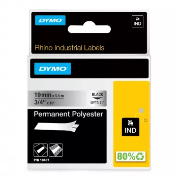 DYMO Rhino rūpnieciskās pastāvīgās poliestera uzlīmes | 19 mm x 5,5 m | melna druka uz metāliskas virsmas | pašlīmējošas | piemērotas Rhino un LabelManager uzlīmju printeriem