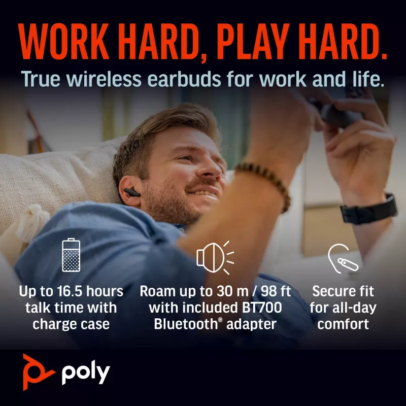 HP Poly Voyager Free 60+ UC Carbon Melns Earbuds +BT700 USB-C Adapter +Touchscreen Charge Case