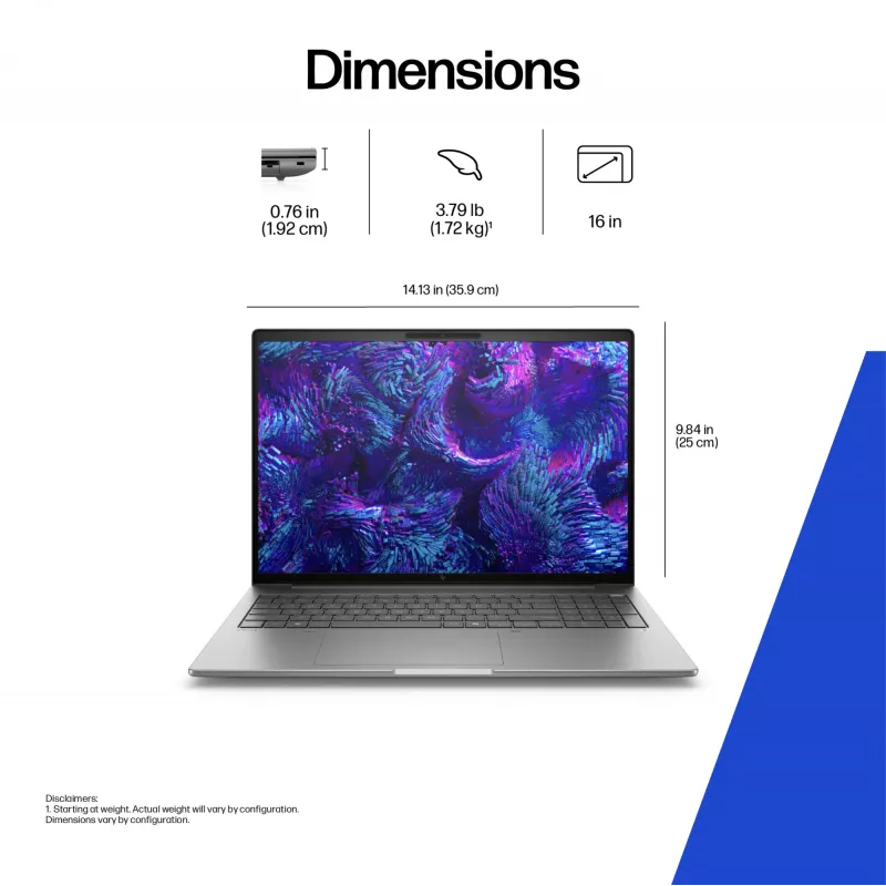 HP ZBook 8 G1i 16 collu mobilā darbstacija, Intel Core Ultra 7 255H, 32GB, 1TB SSD, NVIDIA RTX 500 Ada 4GB, Windows 11 Pro