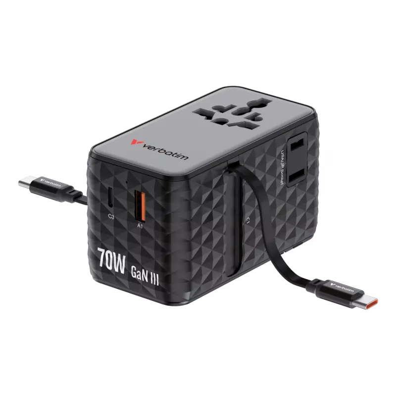 Verbatim Charge 'n' Travel 70W 2C ievelkams universāls ceļojumu adapteris, melns