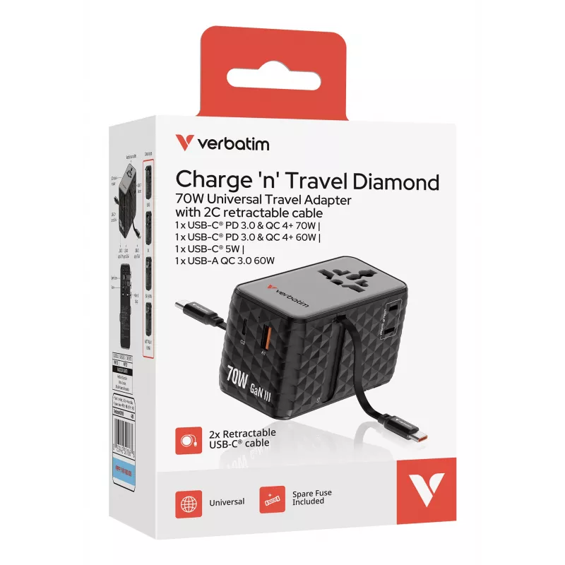 Verbatim Charge 'n' Travel 70W 2C ievelkams universāls ceļojumu adapteris, melns