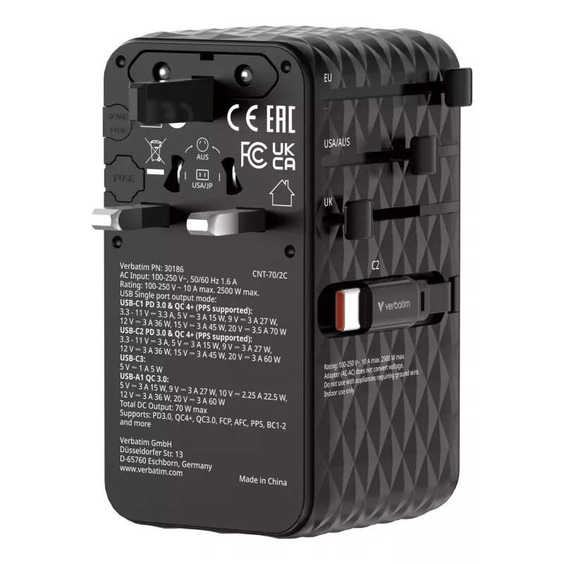 Verbatim Charge 'n' Travel 70W 2C ievelkams universāls ceļojumu adapteris, melns