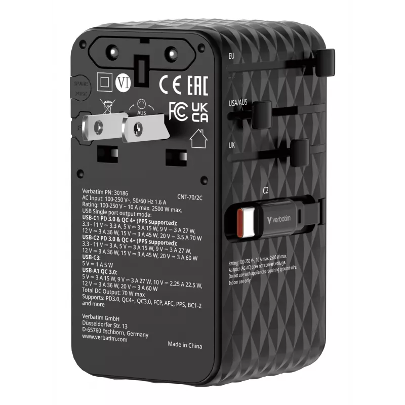 Verbatim Charge 'n' Travel 70W 2C ievelkams universāls ceļojumu adapteris, melns