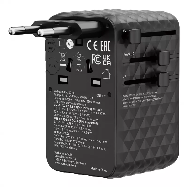 Verbatim Charge 'n' Travel 170W universāls ceļojuma adapteris, melns