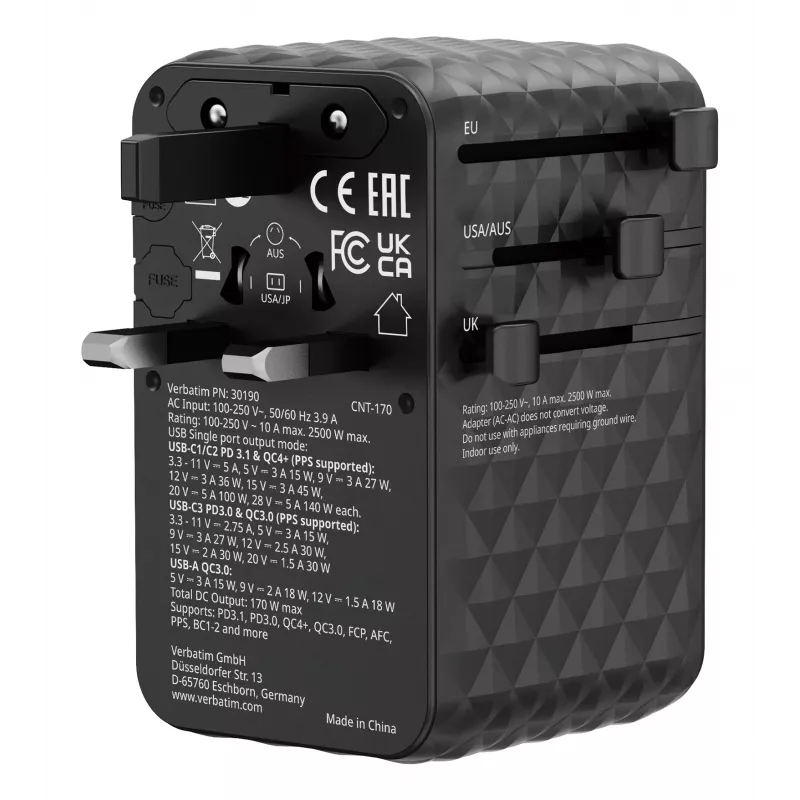 Verbatim Charge 'n' Travel 170W universāls ceļojuma adapteris, melns